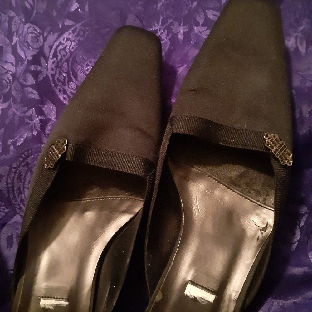 Vintage Talbots Black Satin Mules w/Art Deco Detail 8.5